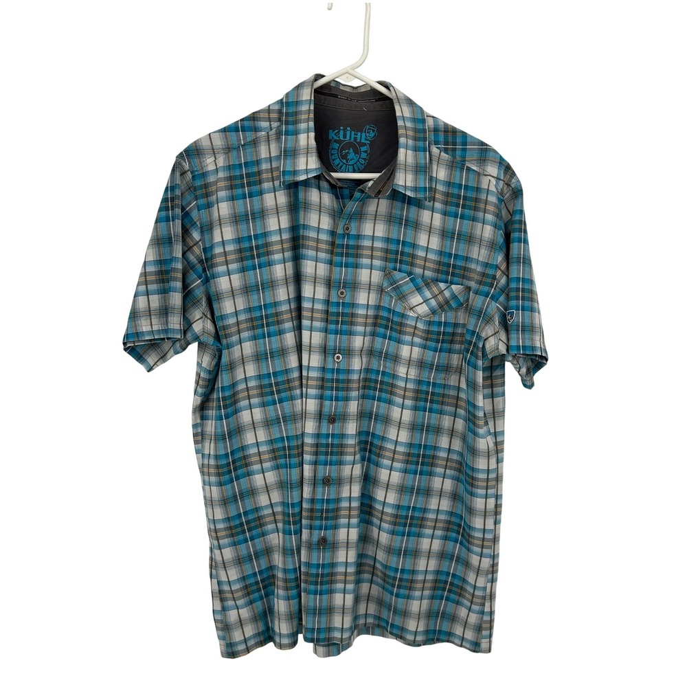 KUHL Mens Large Blue Plaid Short Sleeve Button Down Mountain Grown Shirt